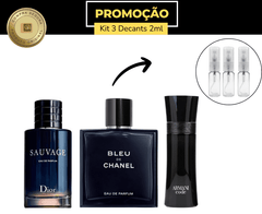 Kit 3 decants Sauvage EDP 2ml + Bleu de Chanel EDP + Armani Code (Versão antiga) 2ml